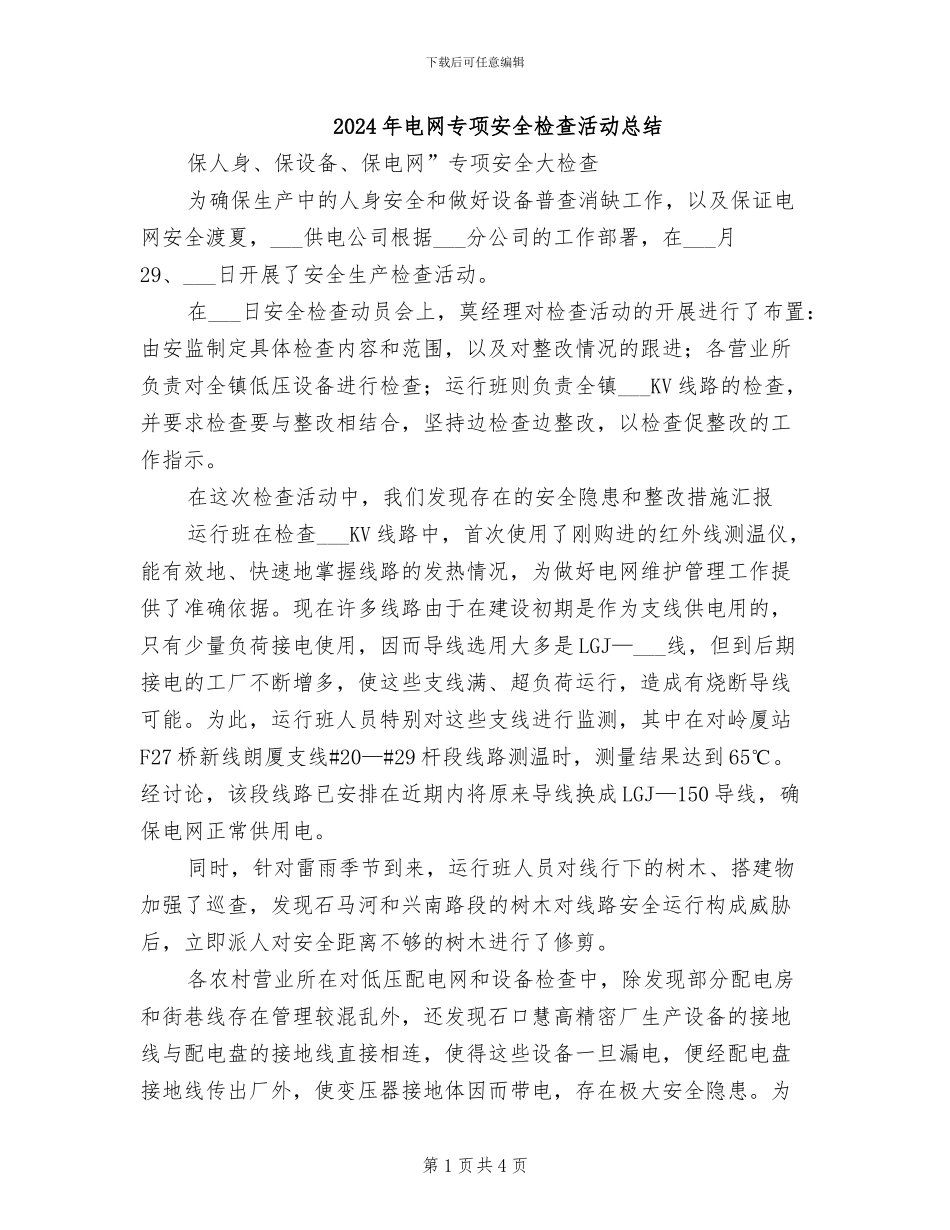 2024年电网专项安全检查活动总结_第1页
