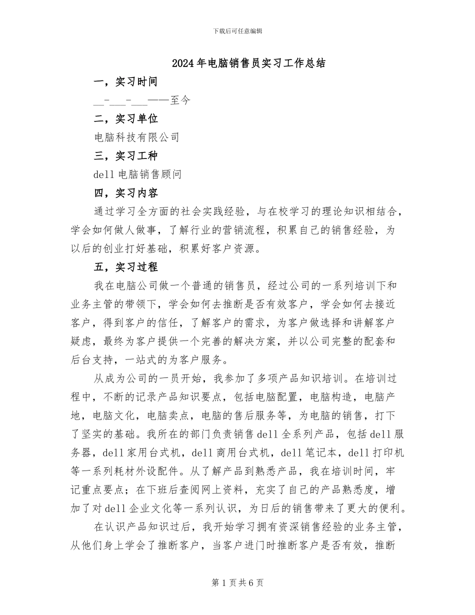 2024年电脑销售员实习工作总结_第1页