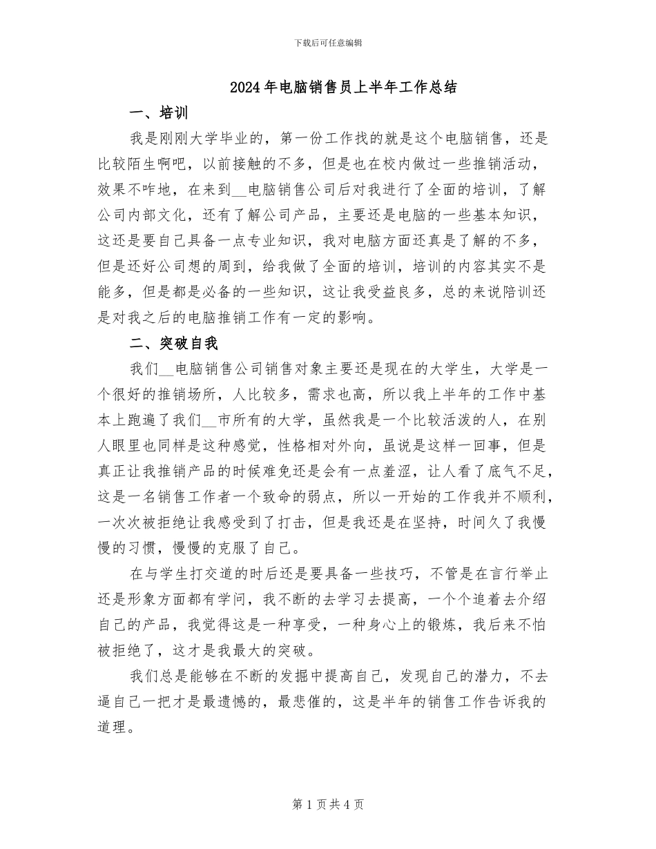 2024年电脑销售员上半年工作总结_第1页
