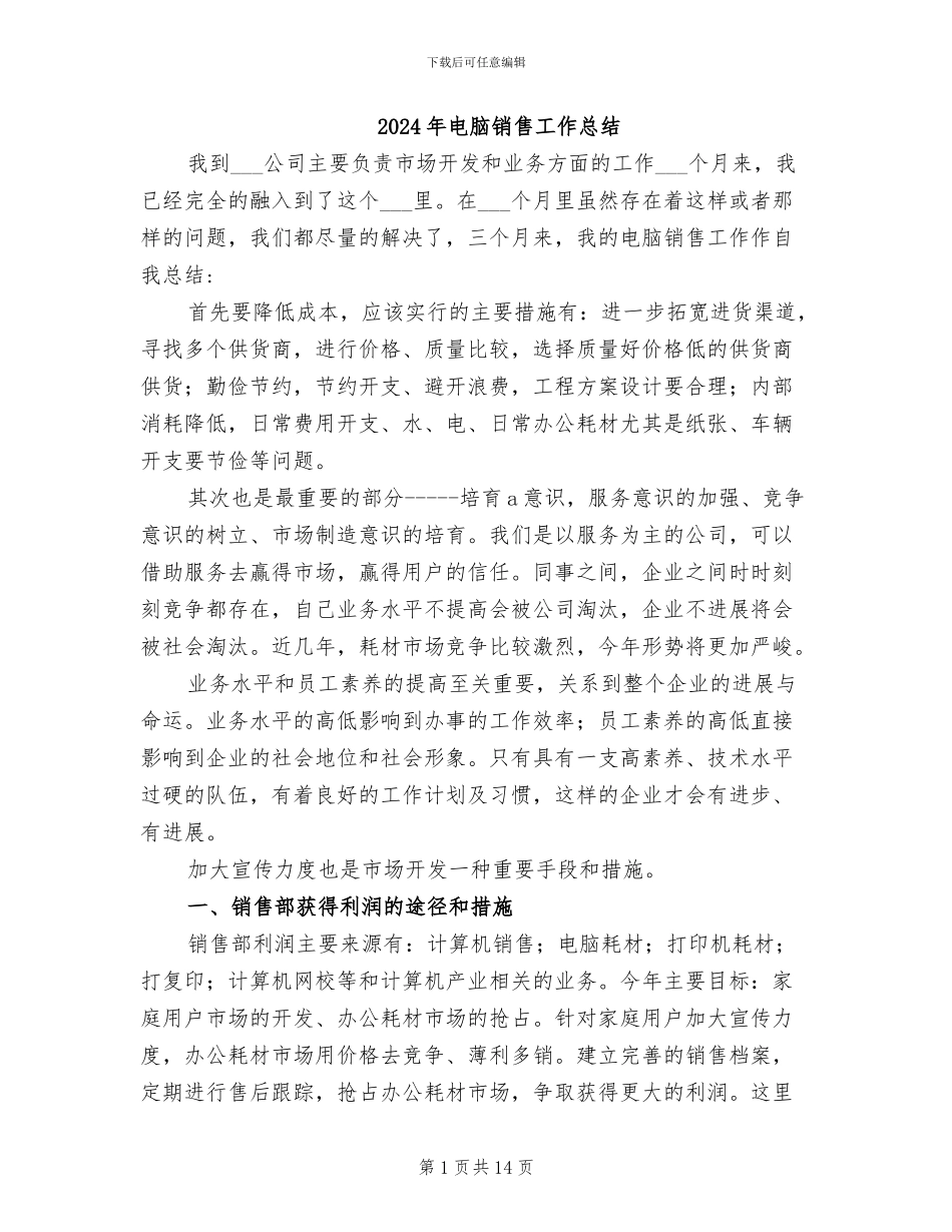 2024年电脑销售工作总结_第1页