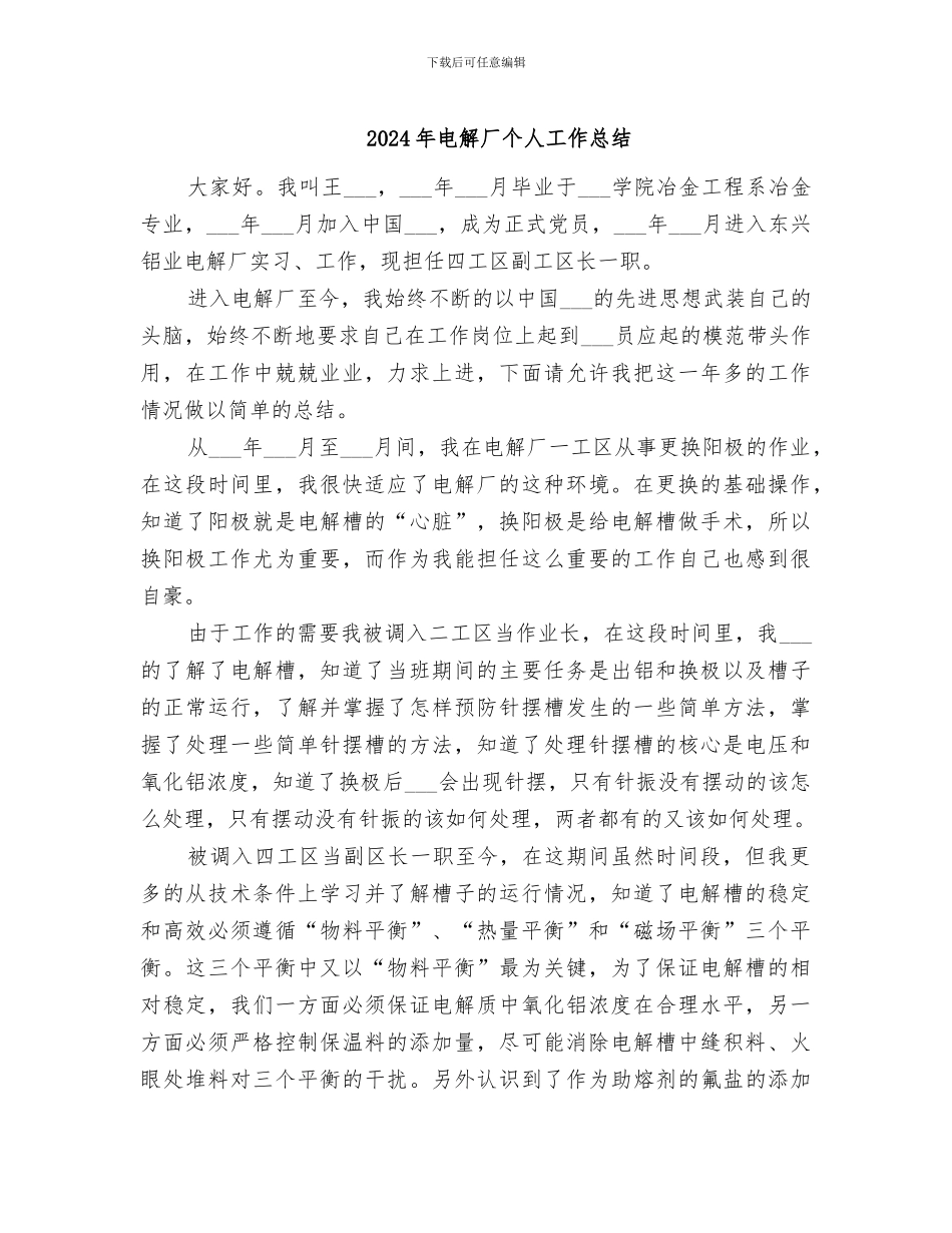 2024年电解厂个人工作总结_第1页