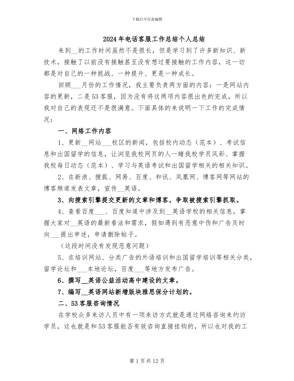 2024年电话客服工作总结个人总结_第1页