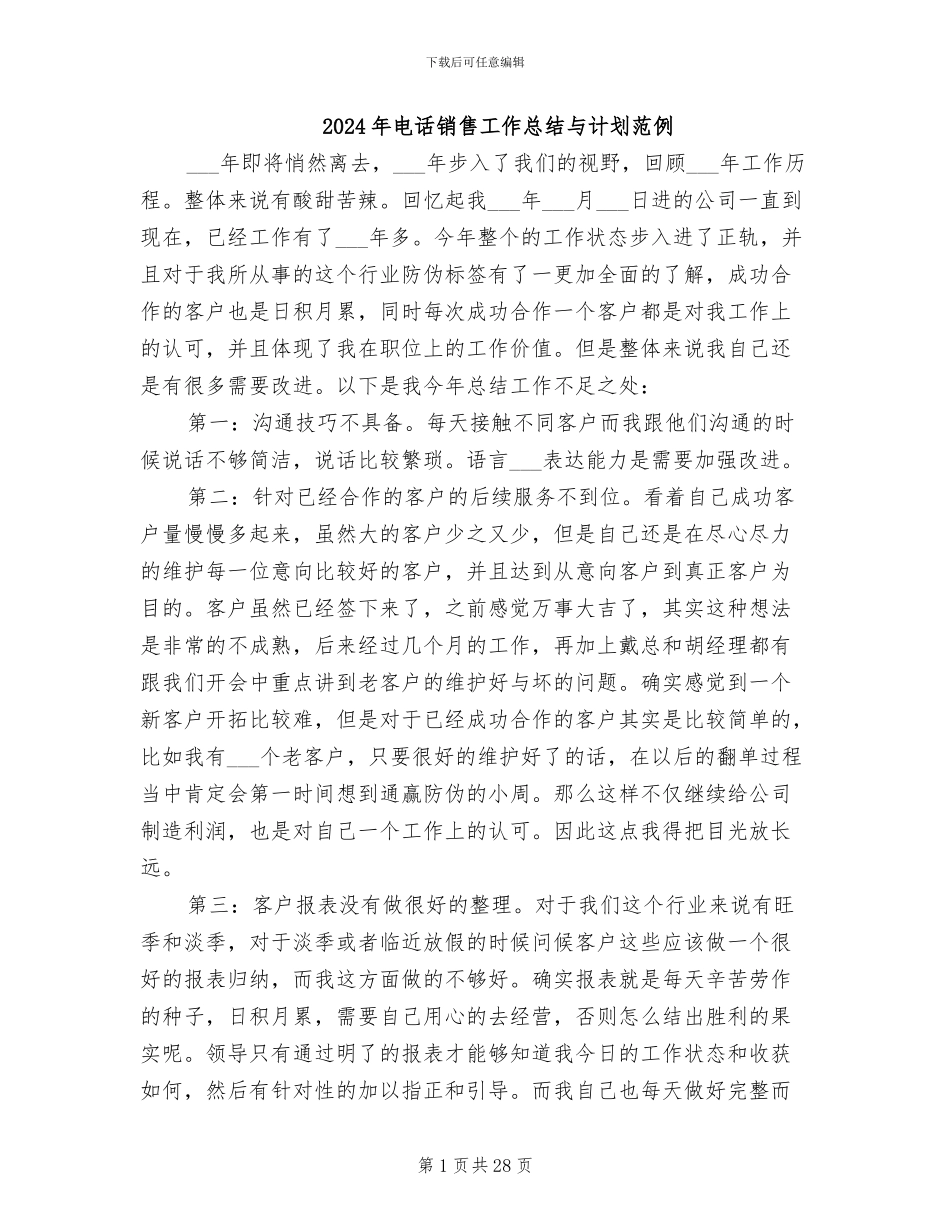2024年电话销售工作总结与计划范例_第1页