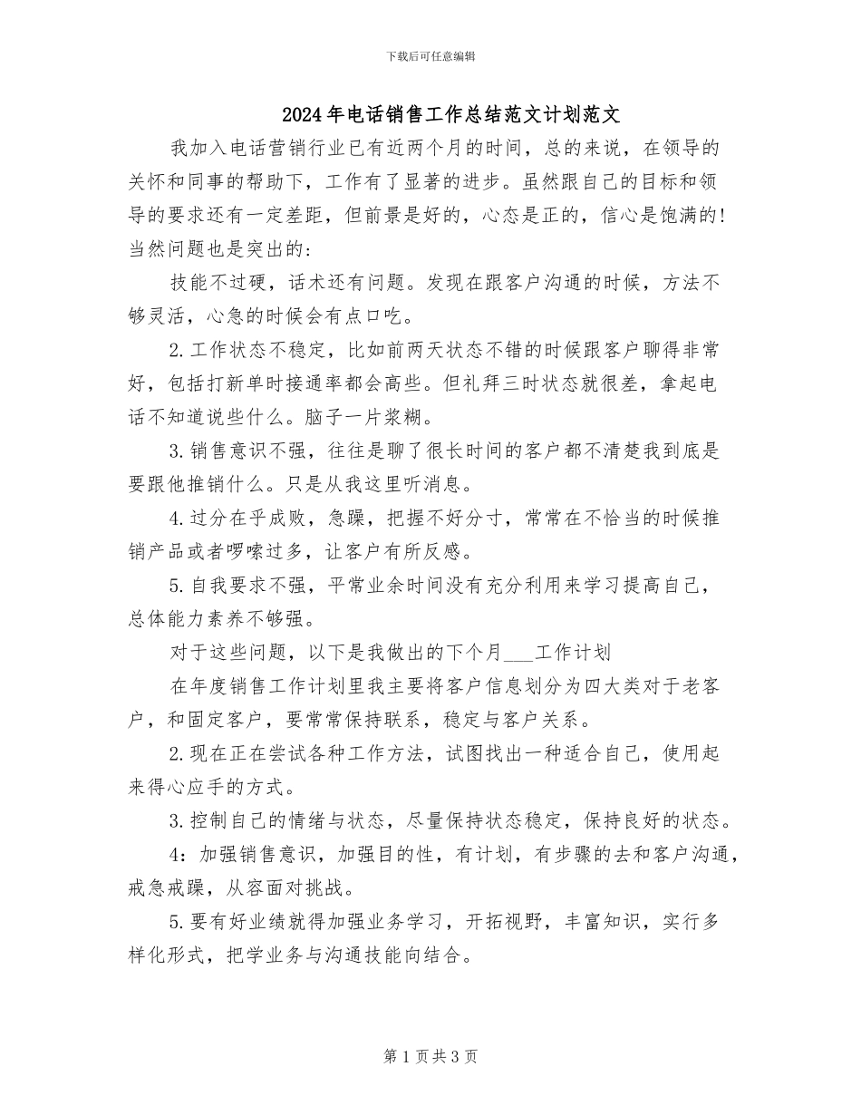 2024年电话销售工作总结范文计划范文_第1页