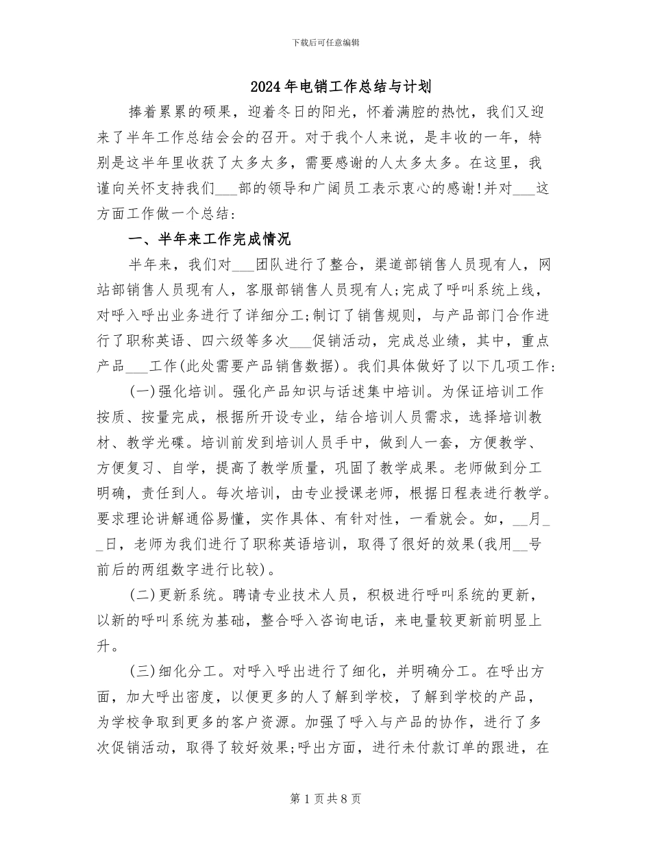 2024年电销工作总结与计划_第1页