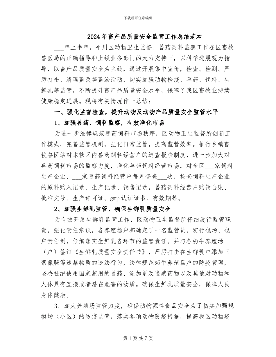 2024年畜产品质量安全监管工作总结范本_第1页