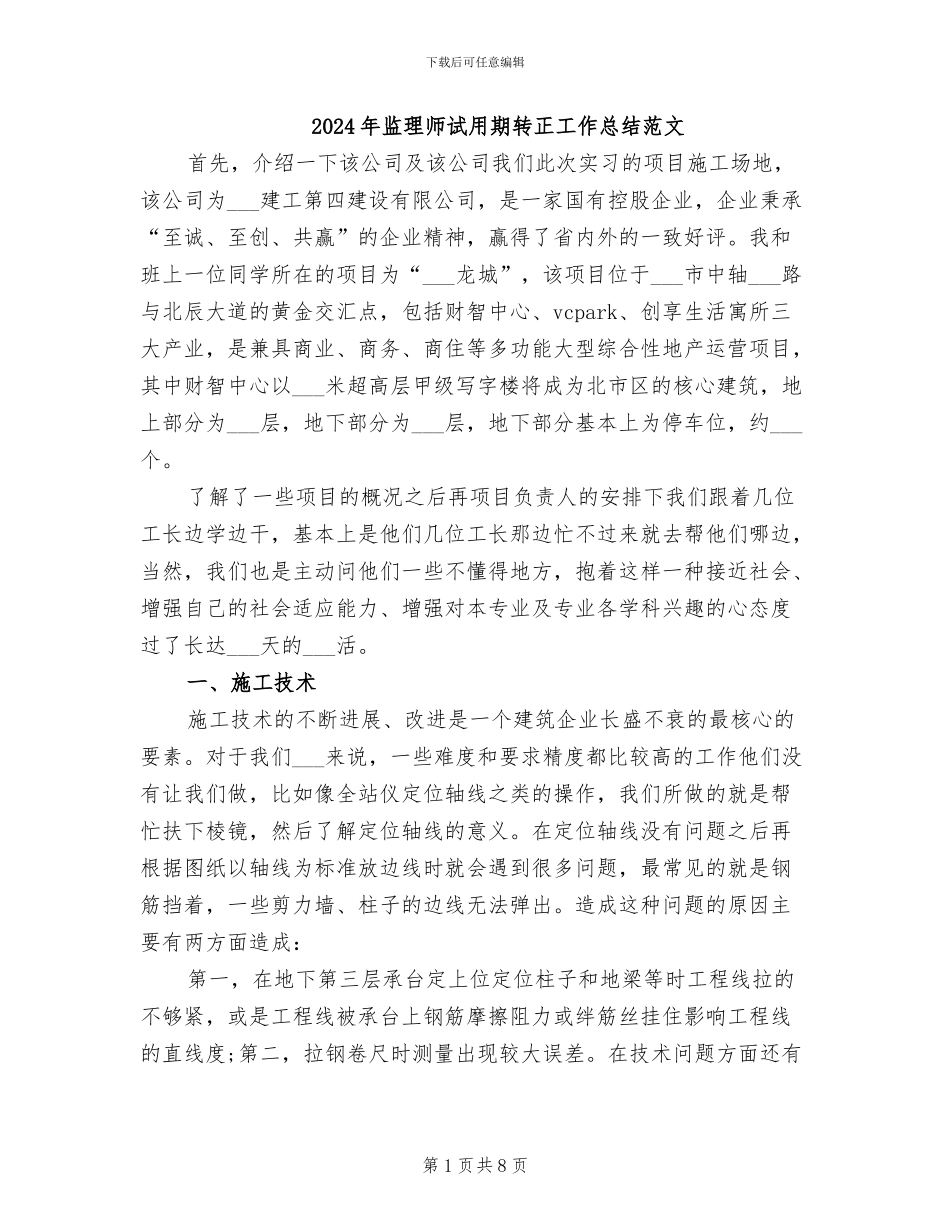 2024年监理师试用期转正工作总结范文_第1页
