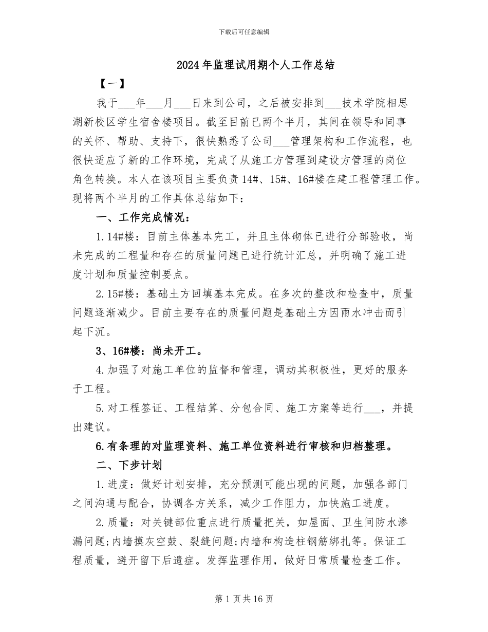 2024年监理试用期个人工作总结_第1页