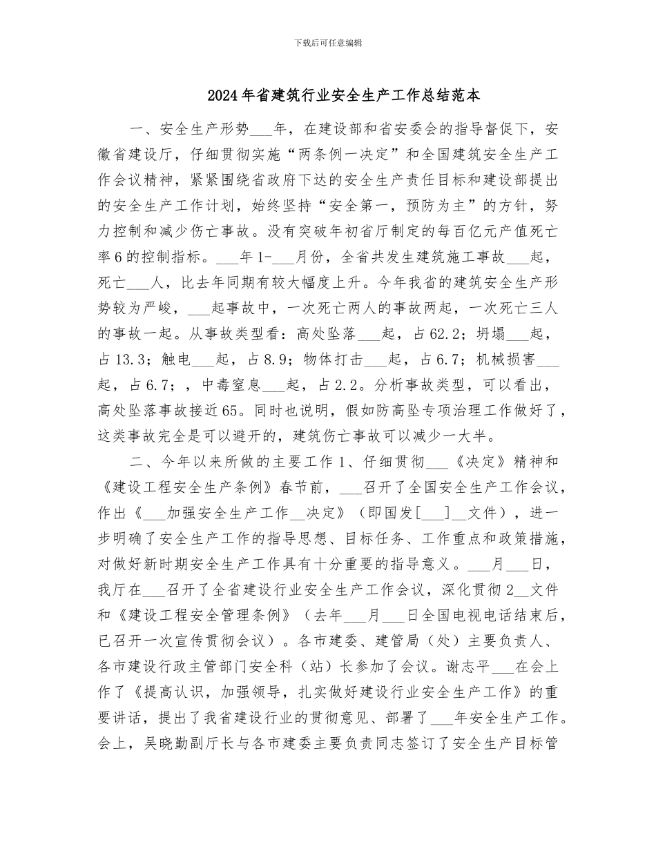 2024年省建筑行业安全生产工作总结范本_第1页