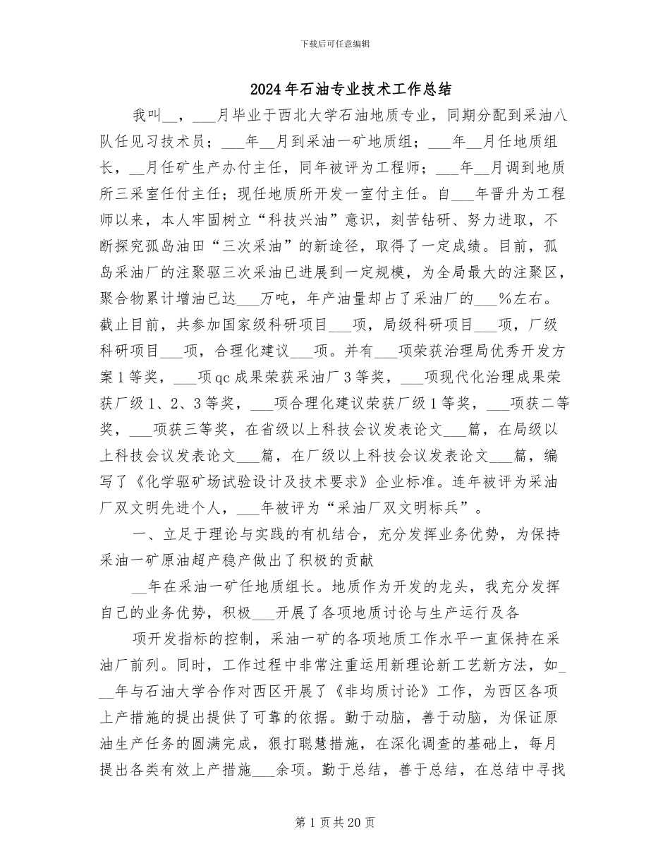 2024年石油专业技术工作总结_第1页