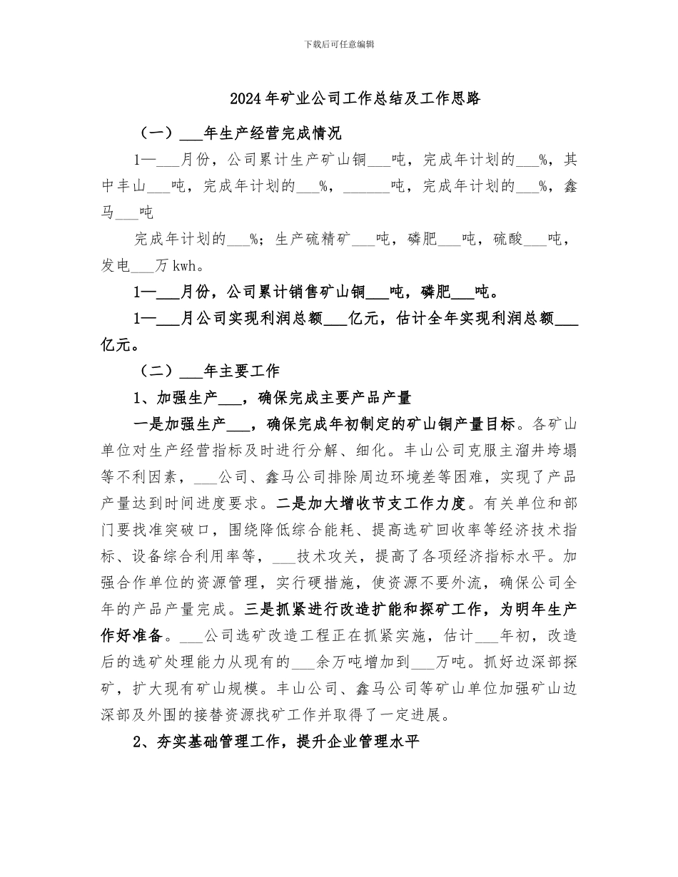 2024年矿业公司工作总结及工作思路_第1页