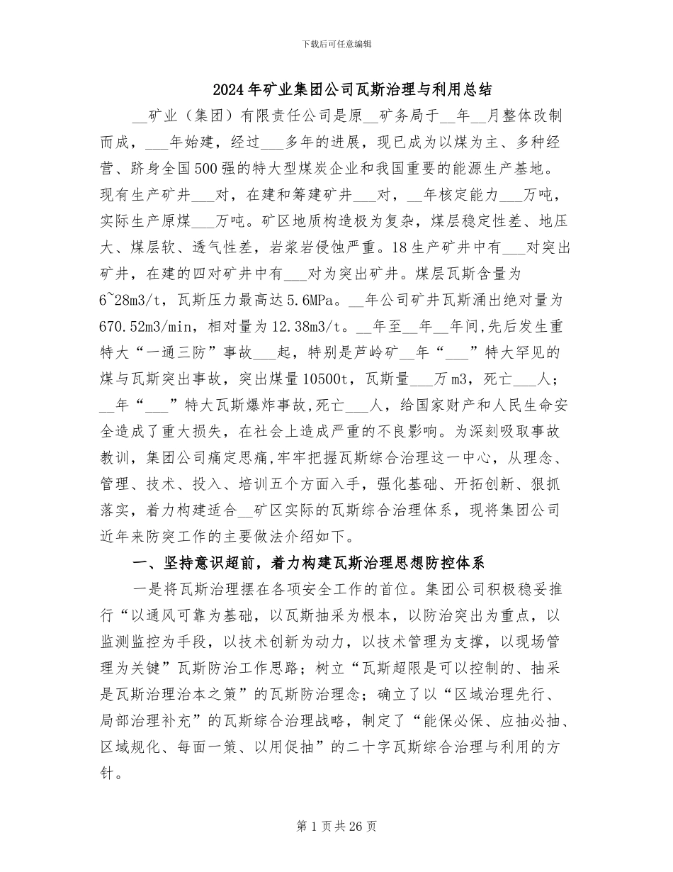 2024年矿业集团公司瓦斯治理与利用总结_第1页