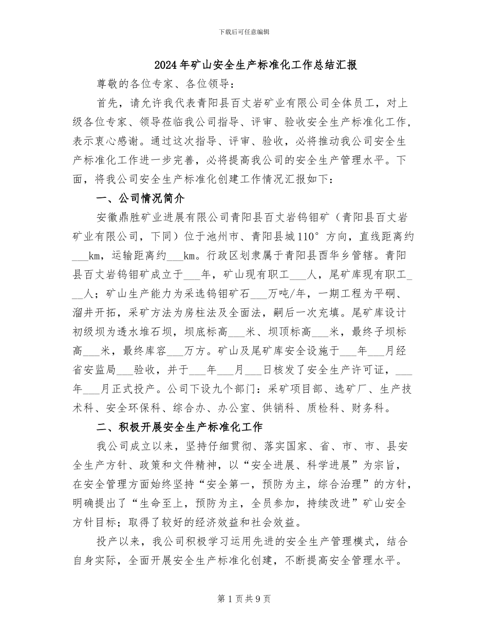 2024年矿山安全生产标准化工作总结汇报_第1页
