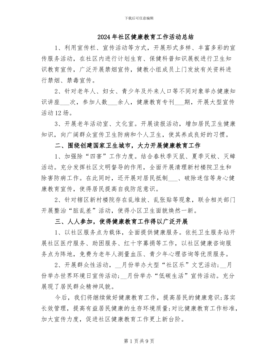 2024年社区健康教育工作活动总结_第1页
