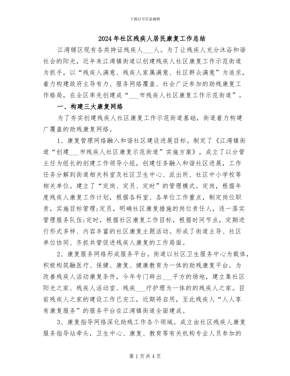 2024年社区残疾人居民康复工作总结_第1页