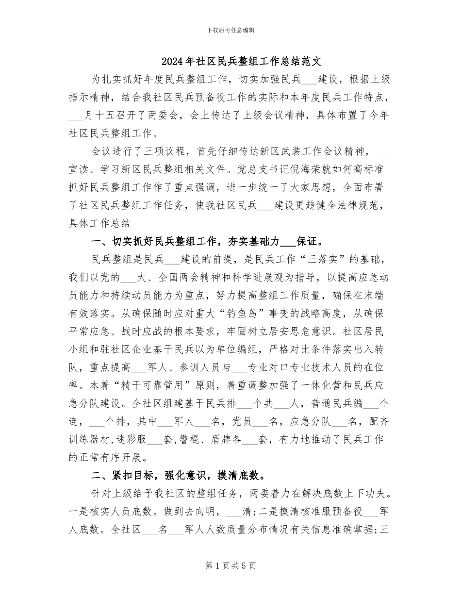 2024年社区民兵整组工作总结范文_第1页