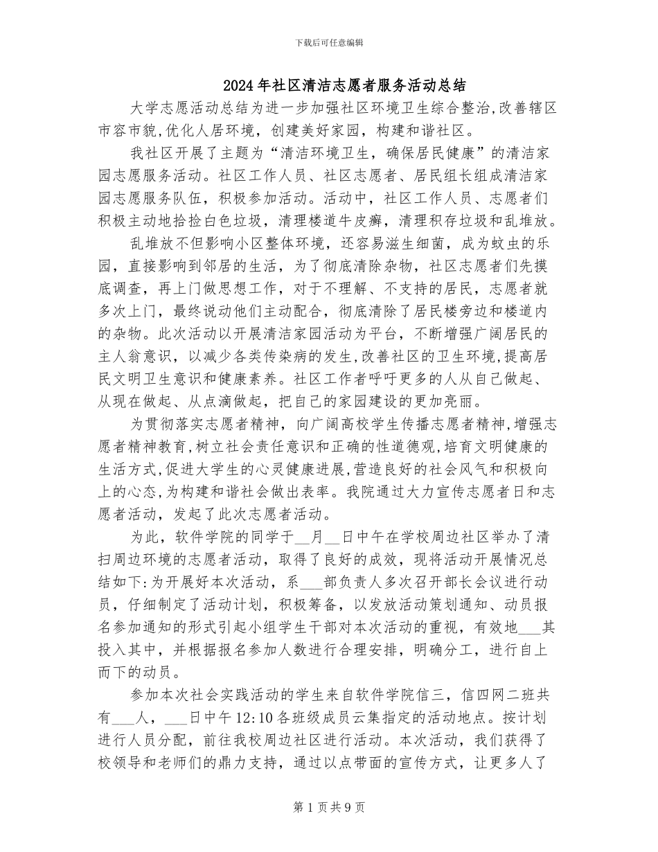 2024年社区清洁志愿者服务活动总结_第1页