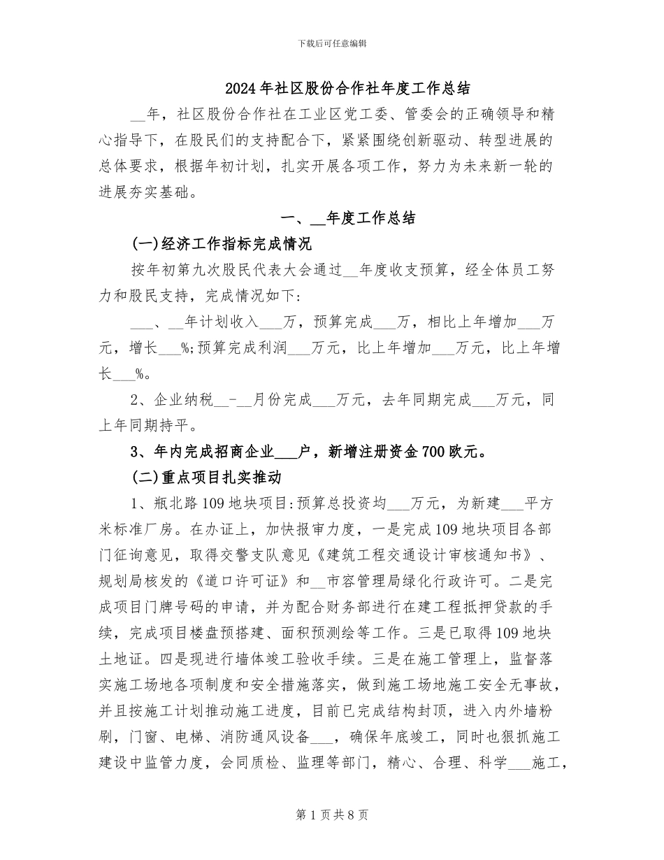 2024年社区股份合作社年度工作总结_第1页