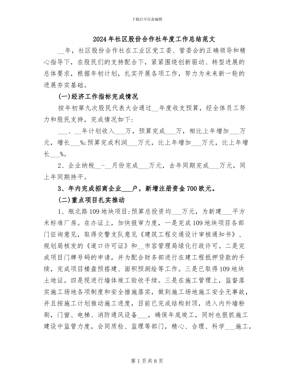 2024年社区股份合作社年度工作总结范文_第1页