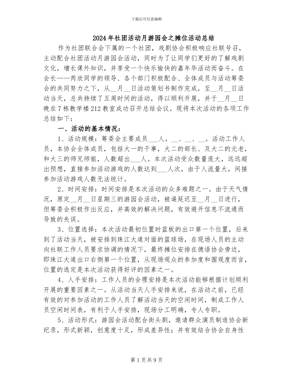 2024年社团活动月游园会之摊位活动总结_第1页