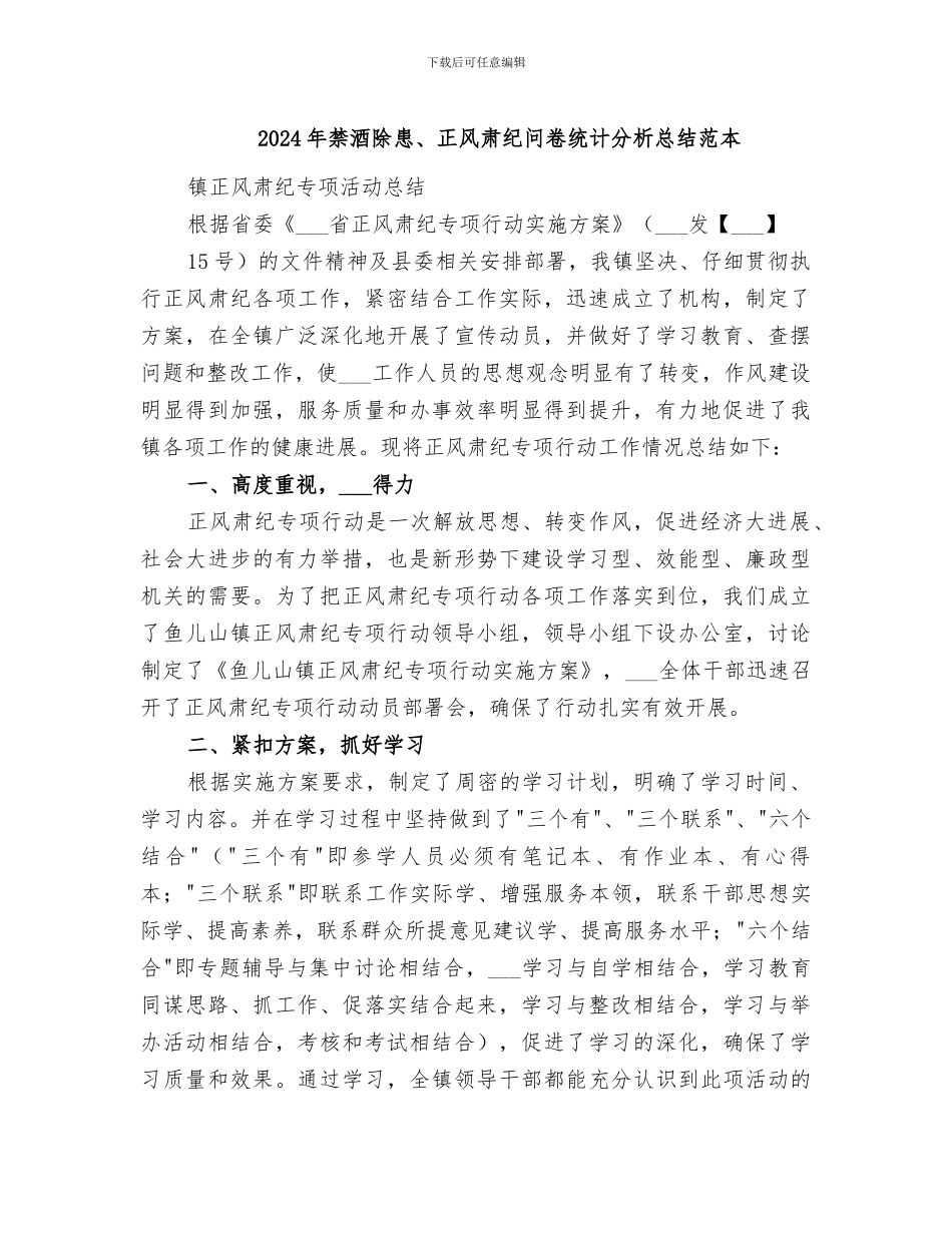 2024年禁酒除患、正风肃纪问卷统计分析总结范本_第1页