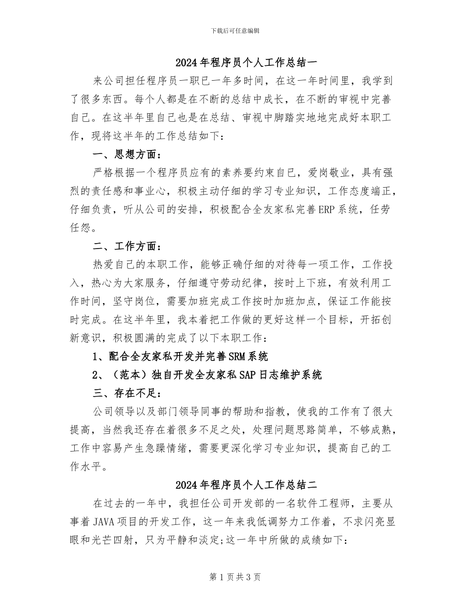 2024年程序员个人工作总结一_第1页