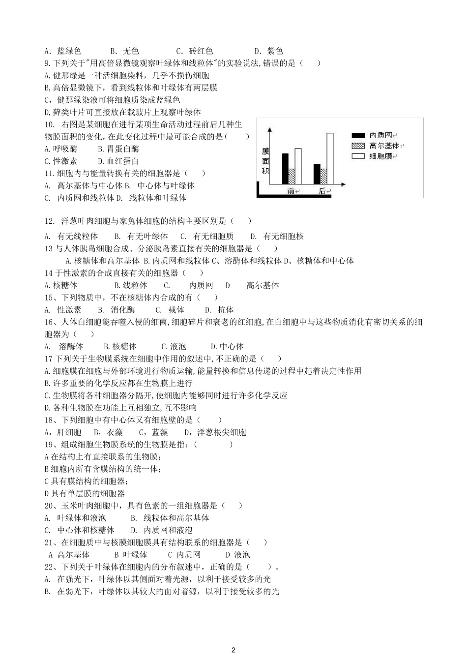 第三章第二节系统内的分工合作——细胞器习题_第2页