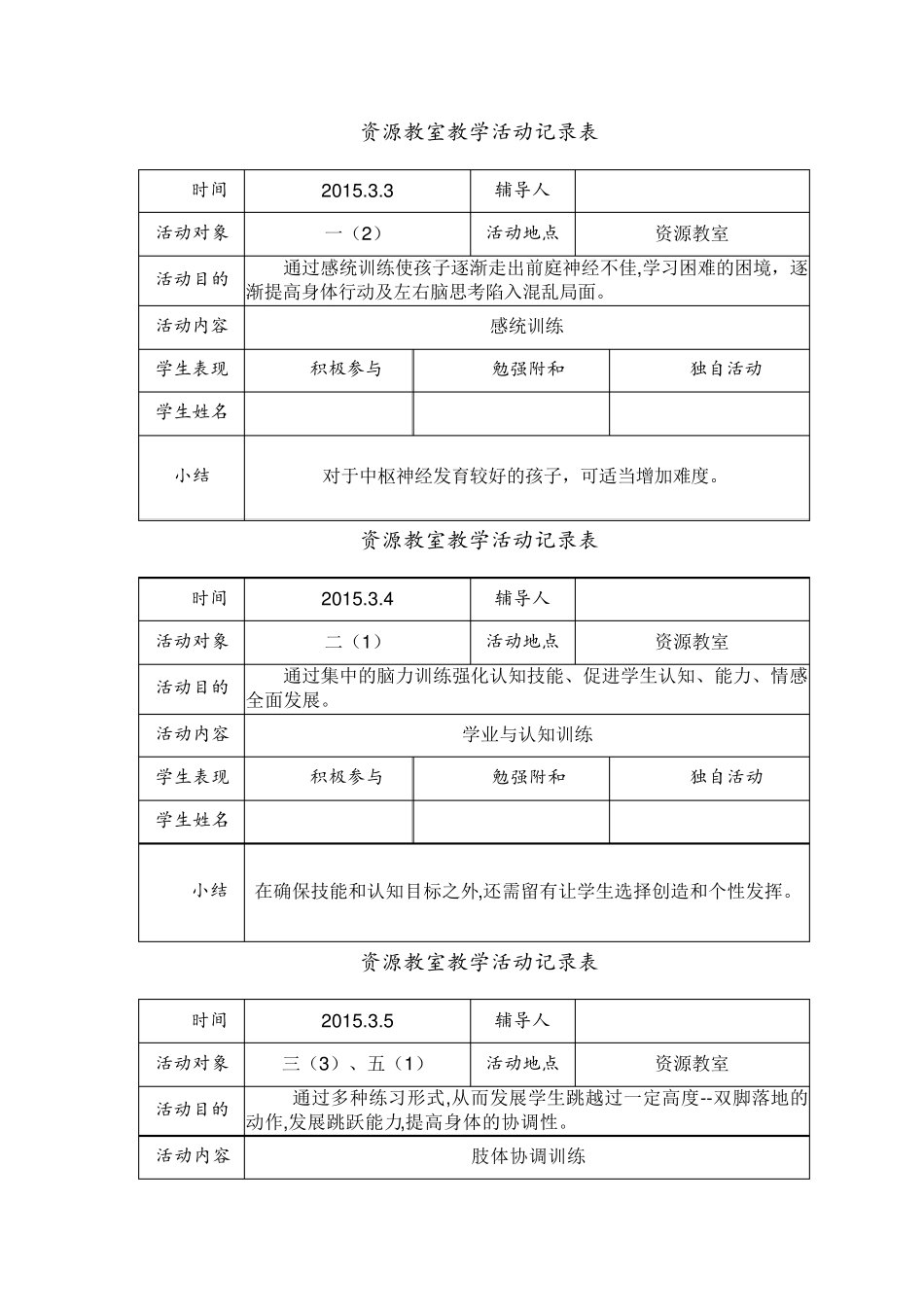 第二学期资源教室教学活动记录表_第1页