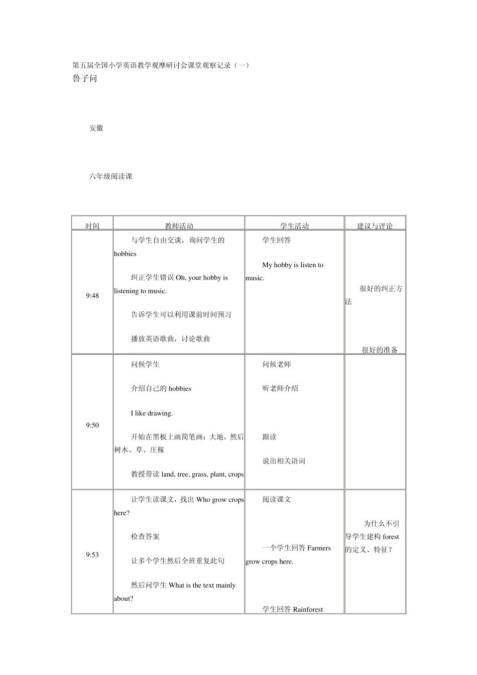 第五届全国小学英语教学观摩研讨会课堂观察记录_第1页