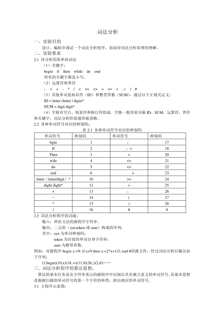 编译原理词法分析报告+代码(C语言版)_第1页