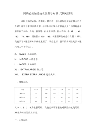 网购必须知道的衣服型号知识尺码对照表