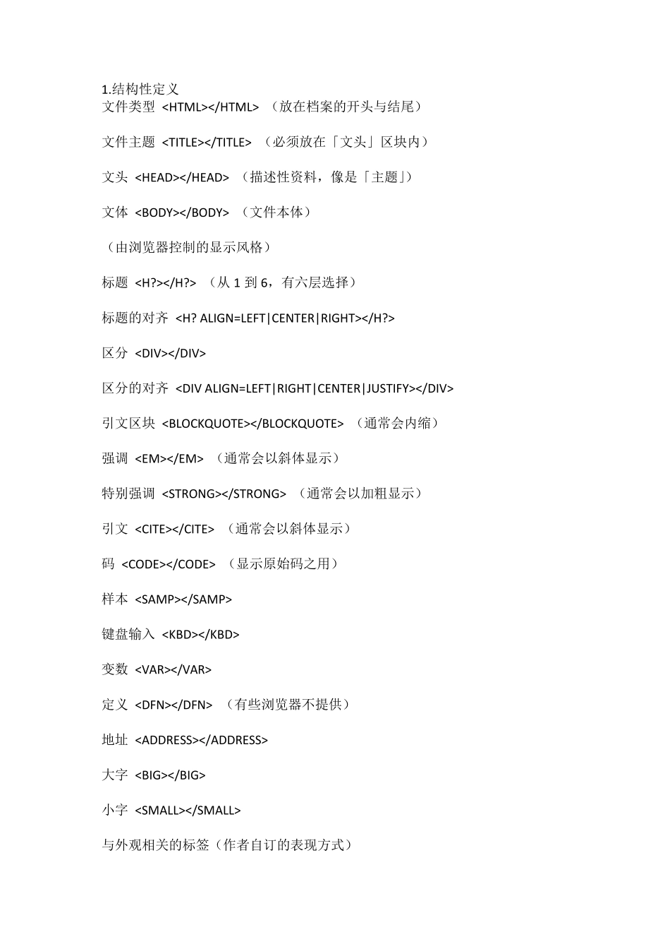 网页设计html代码标签大全_第1页