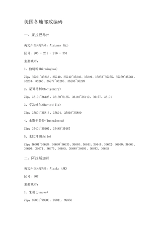 美国50个州的邮编及简称