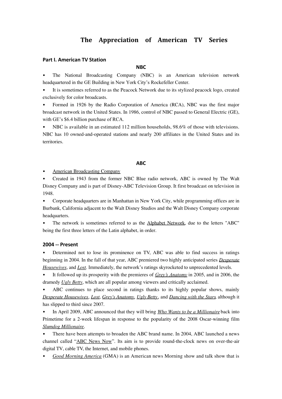 美国各大电视台的英文介绍和电视专业术语(theappreciationofAmericanSeries)_第1页