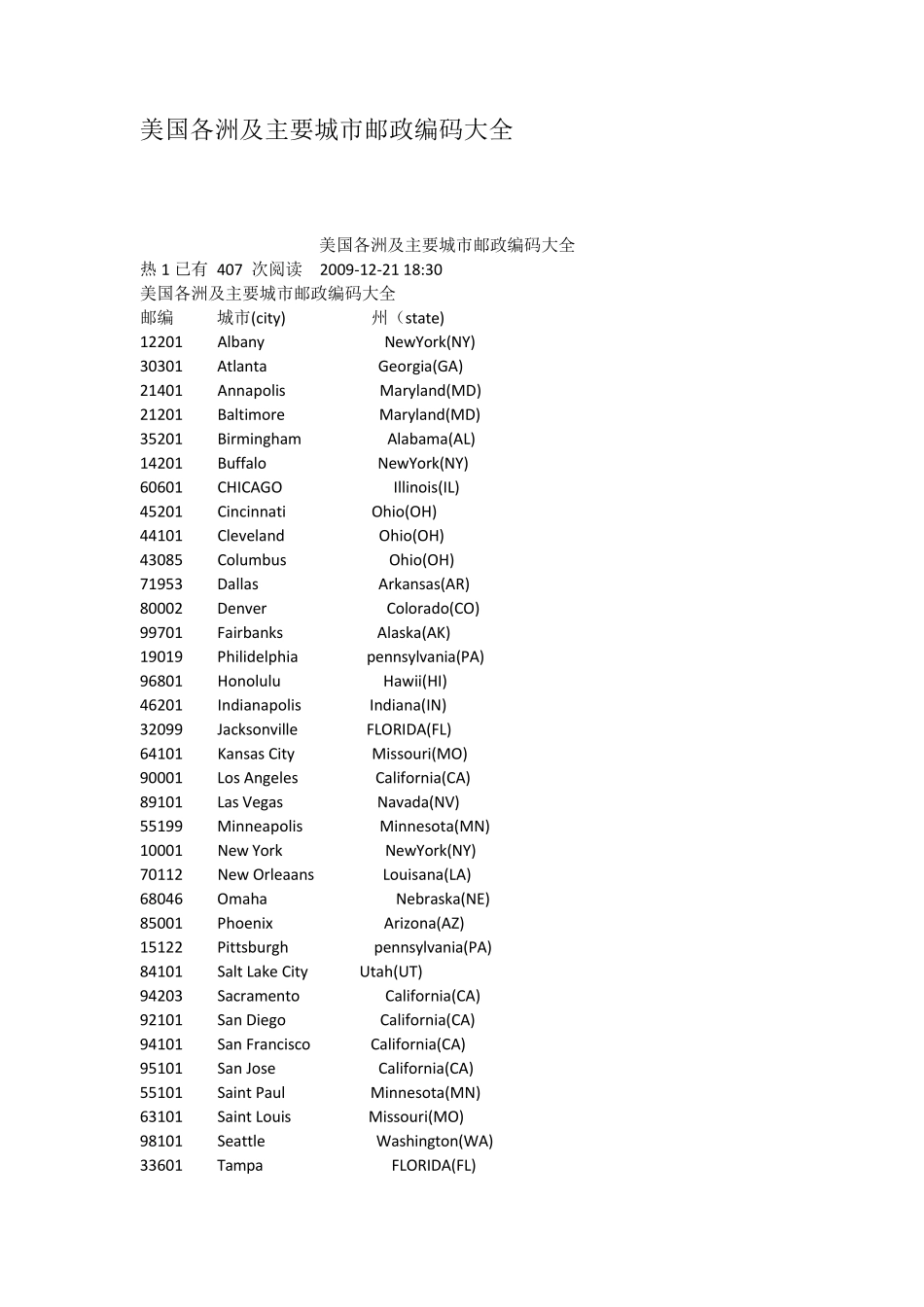 美国各洲及主要城市邮政编码大全_第1页