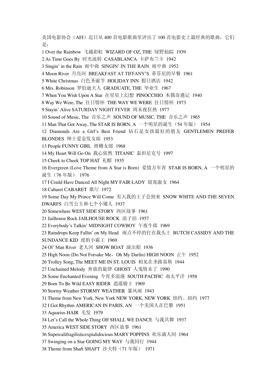 美国电影协会评出100首电影史上最经典的歌曲_第1页