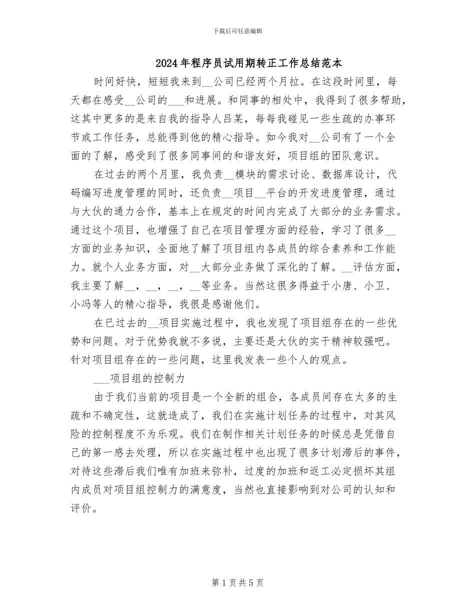 2024年程序员试用期转正工作总结范本_第1页