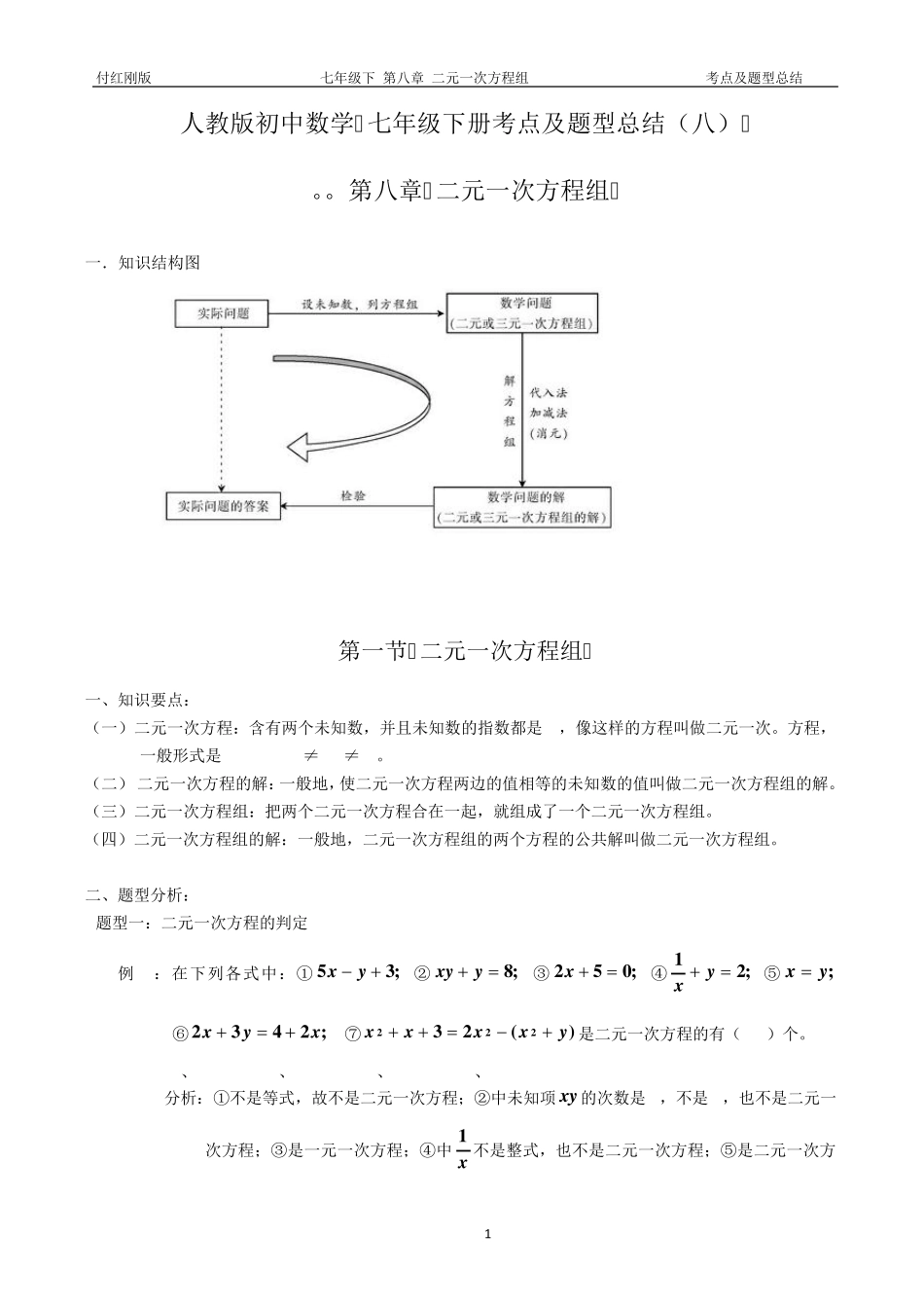考点及题型总结七下第八章(二元一次方程组)_第1页
