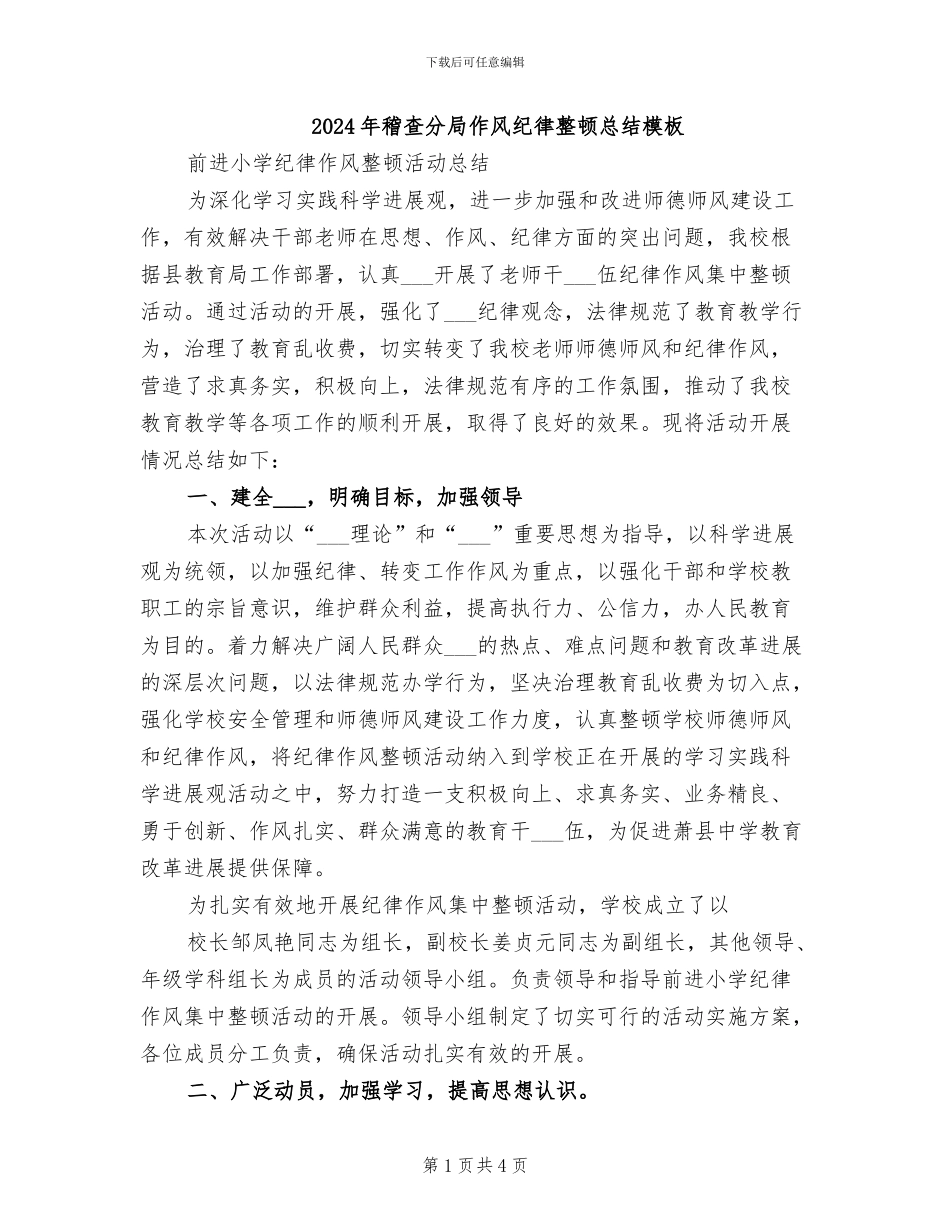 2024年稽查分局作风纪律整顿总结模板_第1页