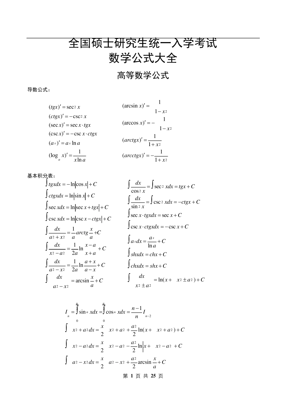 考研数学公式大全_第1页