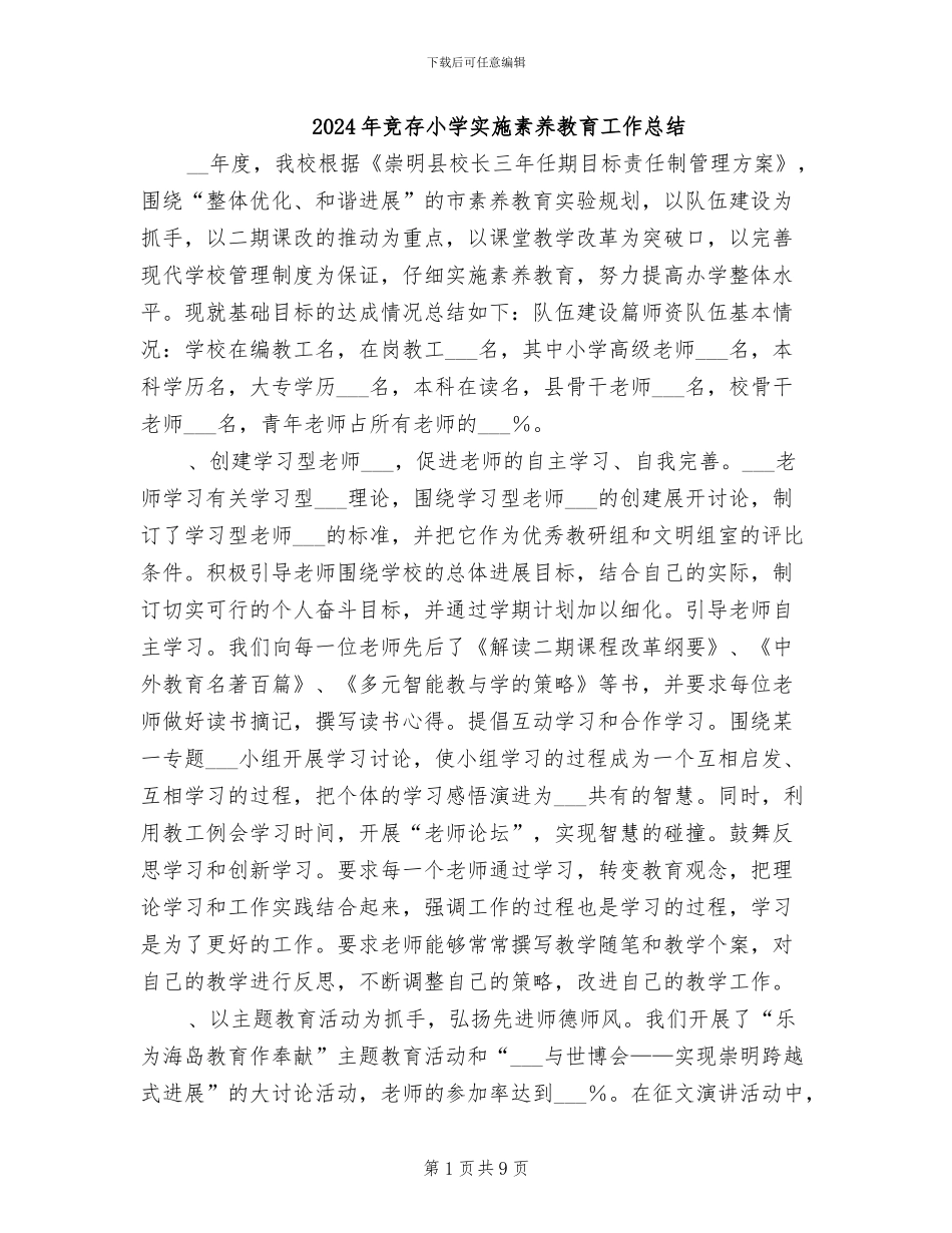 2024年竞存小学实施素质教育工作总结_第1页