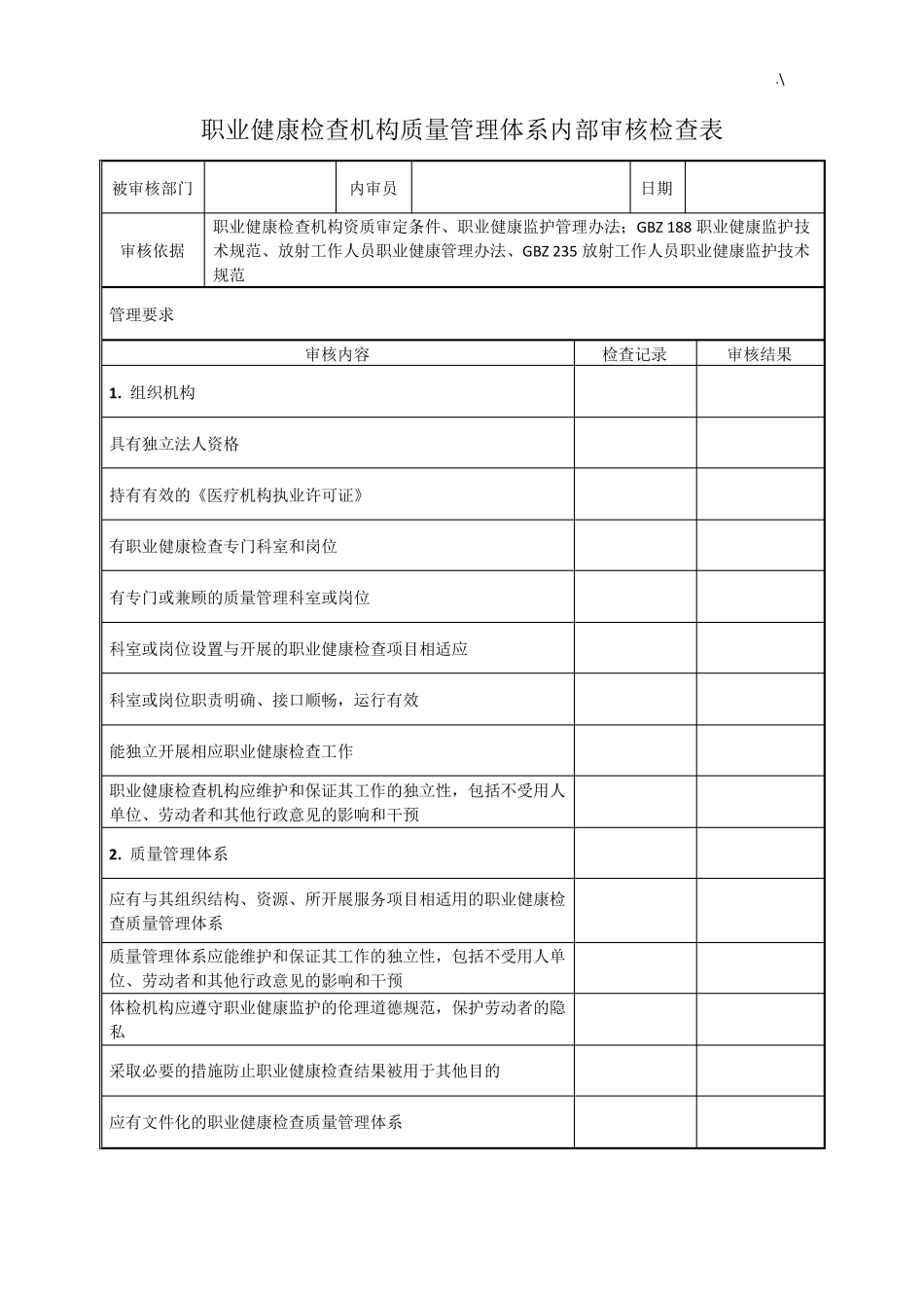 职业健康检查机构质量管理方案计划体系内部审核检查表_第1页