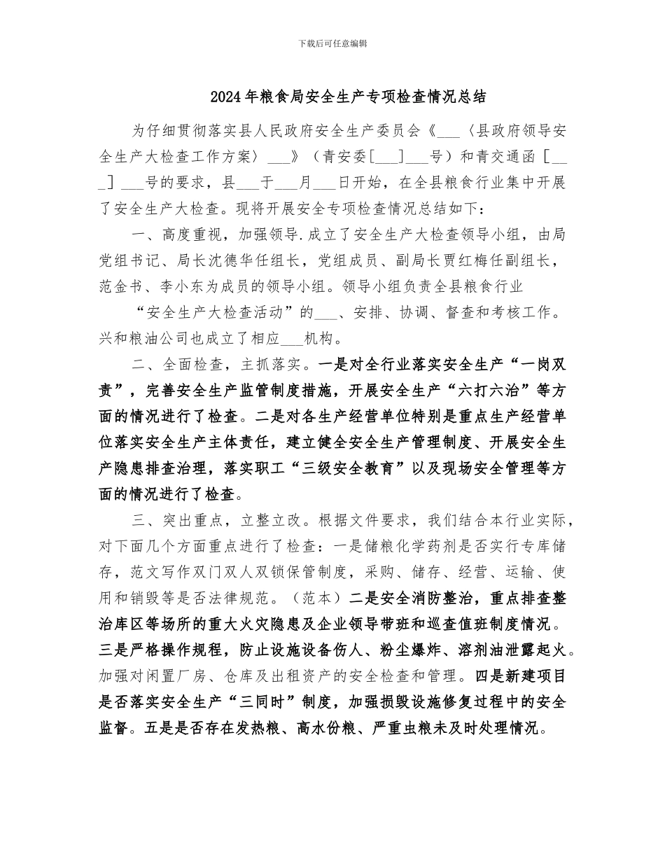 2024年粮食局安全生产专项检查情况总结_第1页