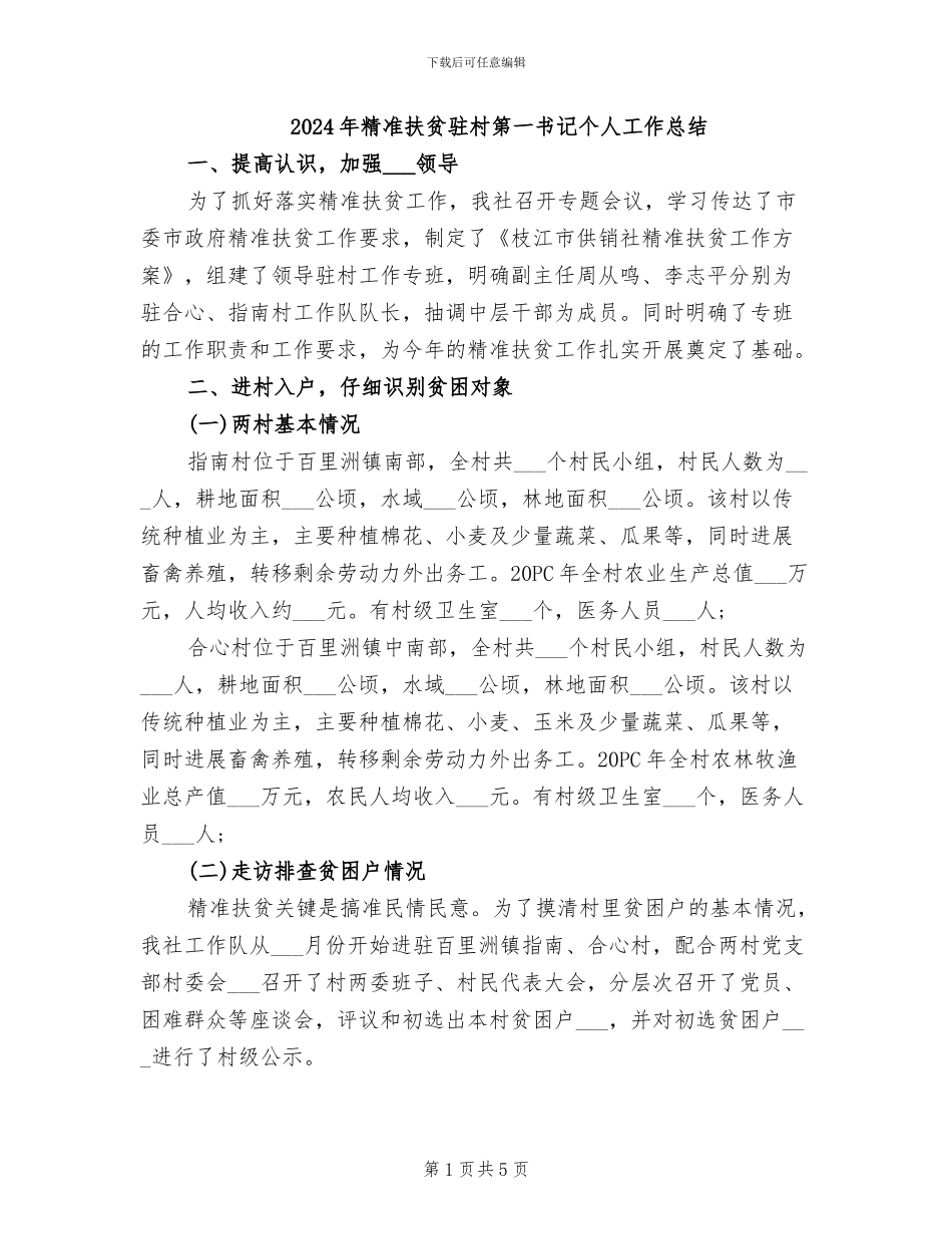 2024年精准扶贫驻村第一书记个人工作总结_第1页