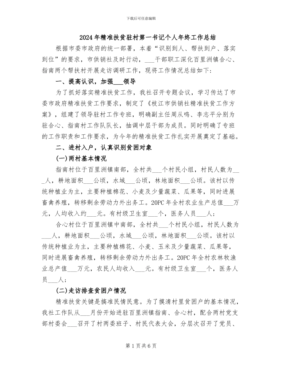 2024年精准扶贫驻村第一书记个人年终工作总结_第1页
