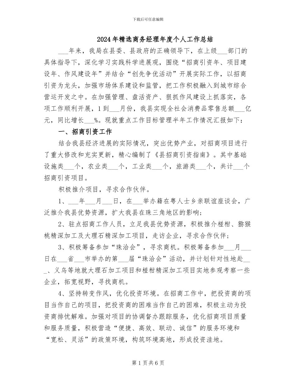 2024年精选商务经理年度个人工作总结_第1页