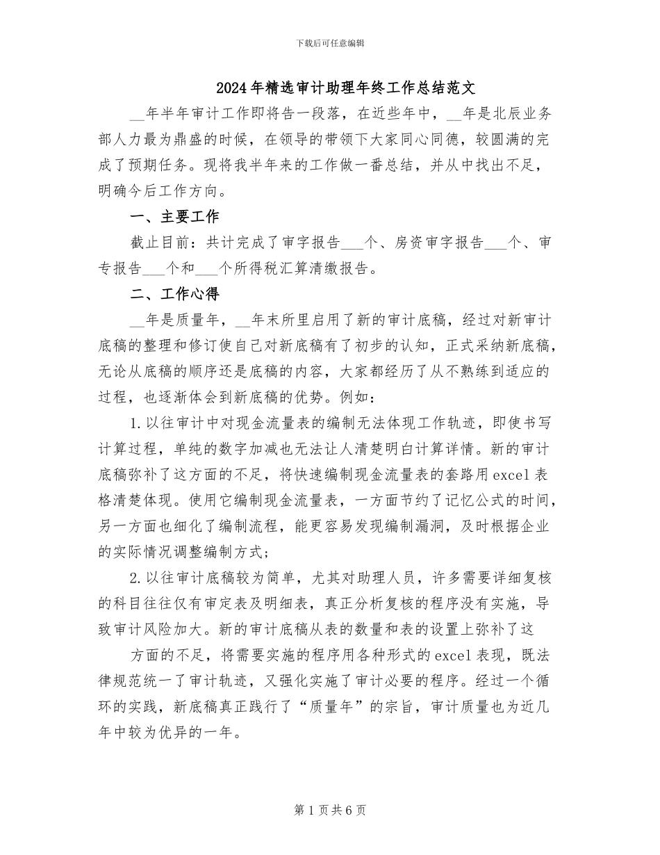 2024年精选审计助理年终工作总结范文_第1页