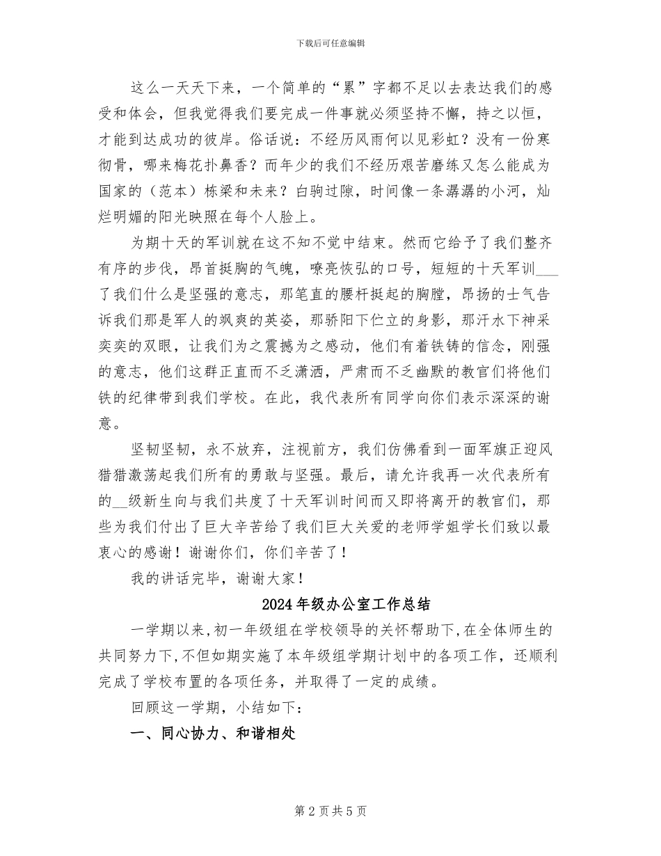 2024年级军训总结大会新生代表发言稿_第2页