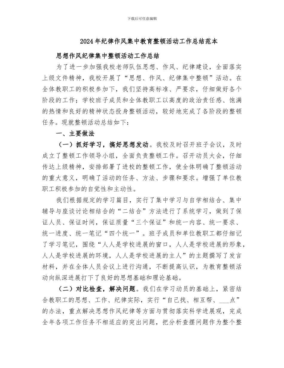 2024年纪律作风集中教育整顿活动工作总结范本_第1页
