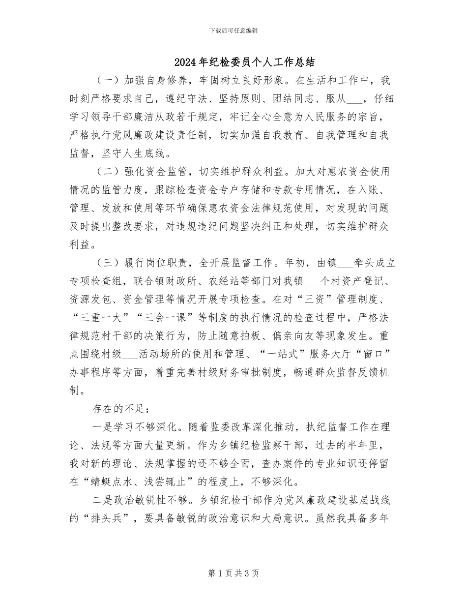 2024年纪检委员个人工作总结_第1页